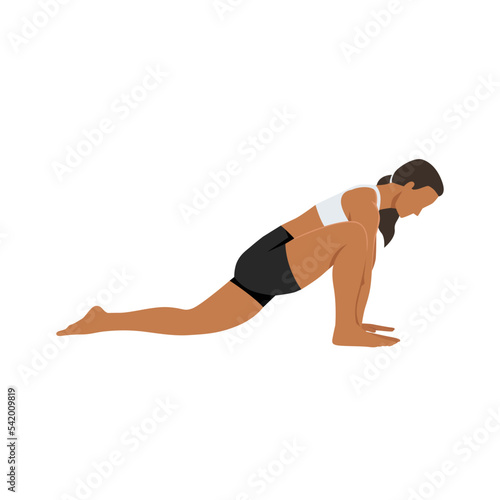 Woman doing Inside dragon Pose, Gecko Pose. Beautiful girl practice Utthan Pristhasana. Flat vector illustration isolated on white background