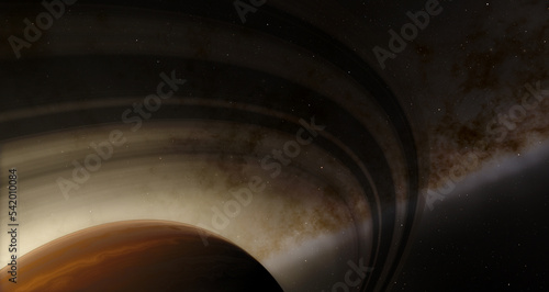 Saturn rings and stars. Sun rays and and a planet 3d illustration background