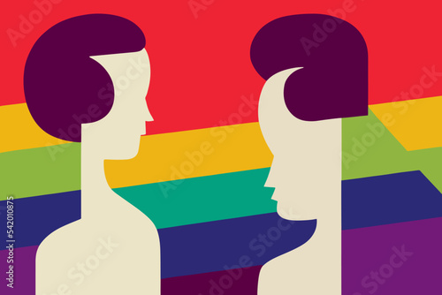 Lgbt guy, girl vs human rights discrimination, open eyes, illustration,