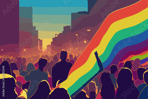 People expressing tolerance for lgbtq+ pride, rainbow paraphernalia, parade, flags
