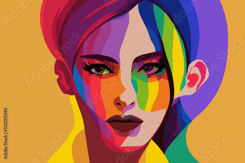 Girl with proud look expresses tolerance to lgbtq+ pride, rainbow paraphernalia, short hairstyle