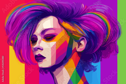 Lgbtq+ pride and tolerance girl closed eyes, rainbow bouffant hair