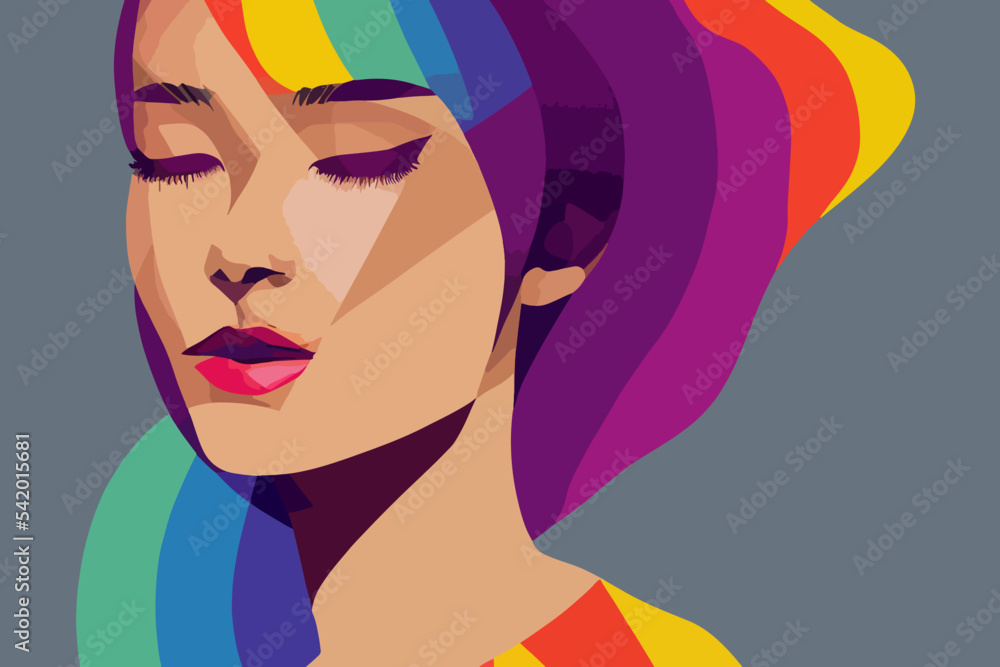 Covered eyes girl expresses tolerance towards lgbtq+ pride, rainbow paraphernalia, coloured hair