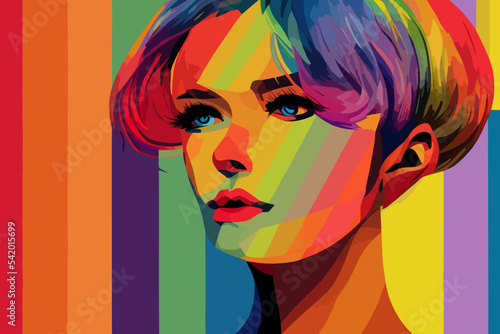 Lgbtq+ pride and tolerance girl side look, rainbow short hair