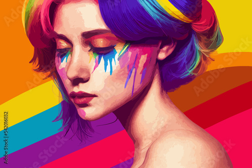 Lgbtq+ pride and tolerance girl closed eyes, rainbow coloured hair