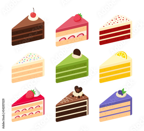 Collection of cake slices. Chocolate, strawberry, red velvet, vanilla, matcha or green tea, lemon, and blueberry cake. Isometric sweets icon. Cute cartoon vector illustration. Cafe sweet dessert menu.
