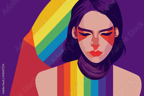 Girl closes her eyes and expresses her tolerance for lgbtq+ pride, rainbow paraphernalia, flag