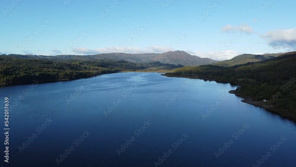 Aerial shot of the Loch Venachar in Scotland