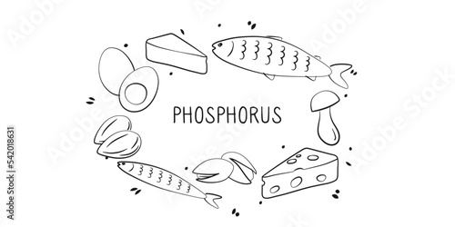Phosphorus-containing food. Groups of healthy products containing vitamins and minerals. Set of fruits, vegetables, meats, fish and dairy
