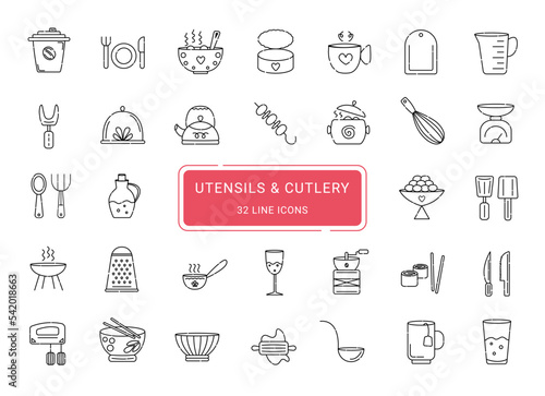 Utensils and cutlery, 32 line vector icons