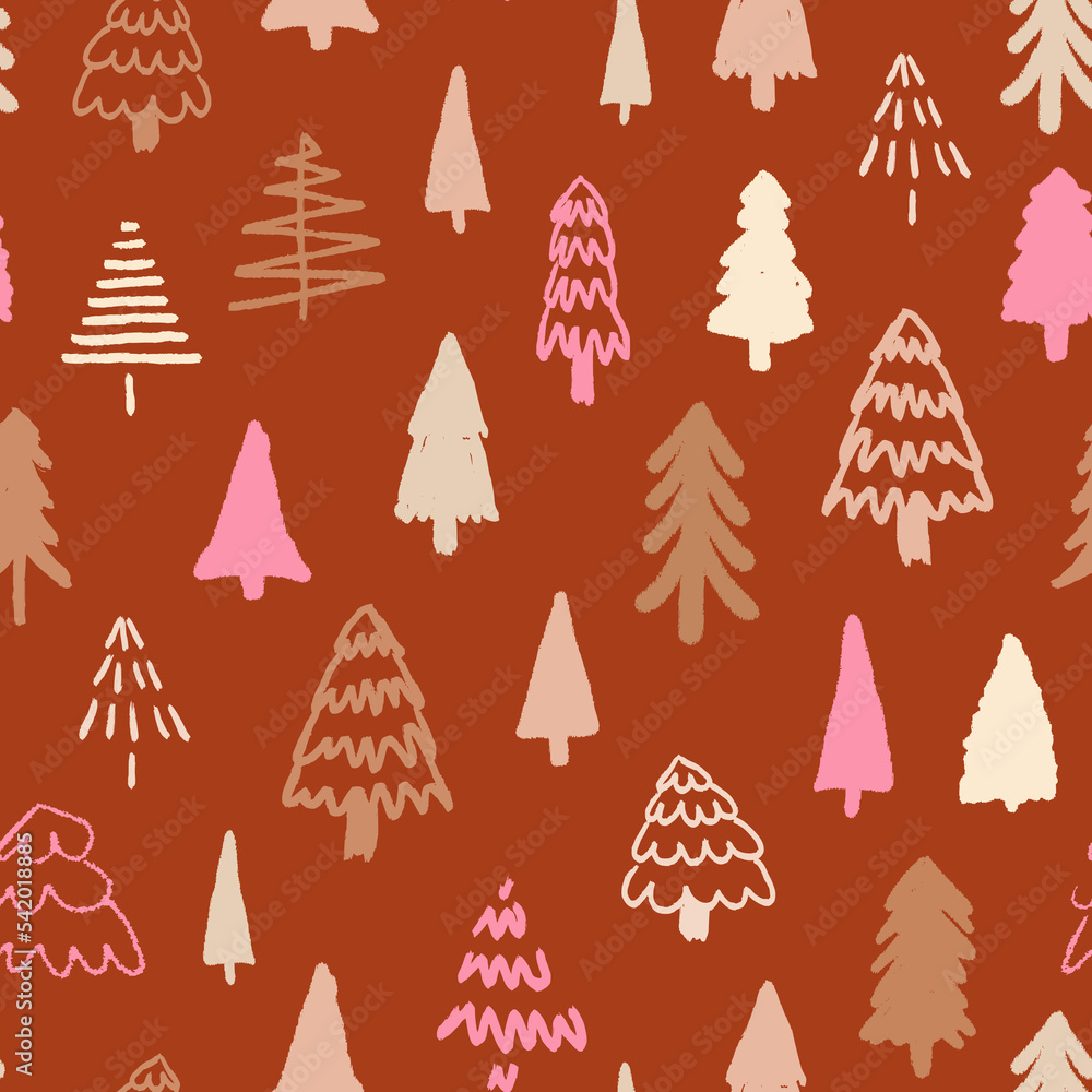 Obraz premium Boho christmas tree seamless repeat pattern. Hand drawn, doodled vector fir forest all over surface print in earthy tones.