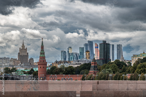 Panorama of the center of Moscow on a cloudy autumn day. Dark clouds over Moscow.