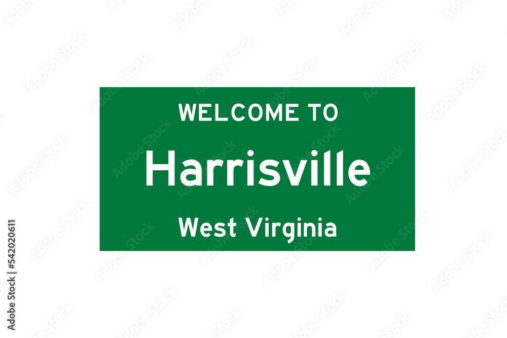 Harrisville, West Virginia, USA. City limit sign on transparent background. 