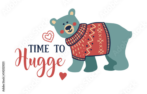 Postcard template with a polar bear in a sweater and the inscription TIME TO HUGGE
