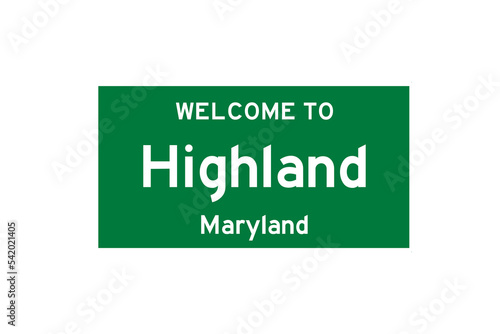 Highland, Maryland, USA. City limit sign on transparent background. 