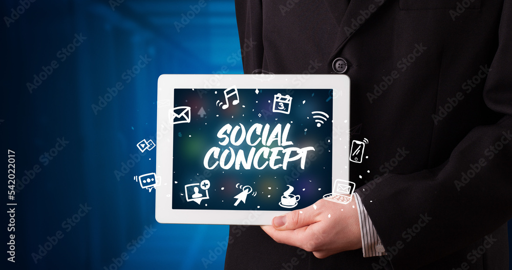 Person holding tablet, social network concept Person holding tablet, social network concept