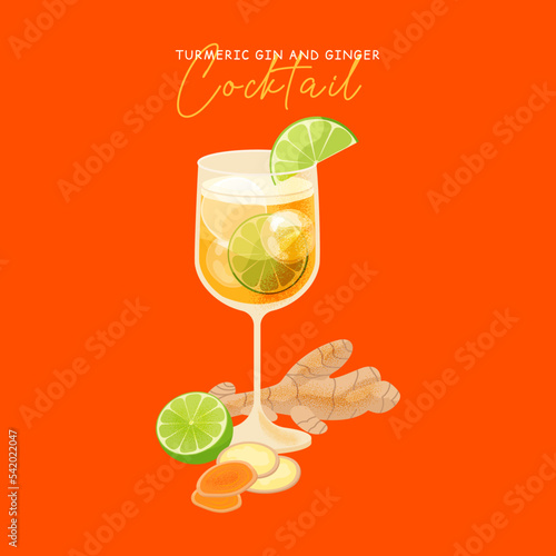 Turmeric gin ginger ice cocktail vector on orange background. Autumn winter alcohol drink flat illustration