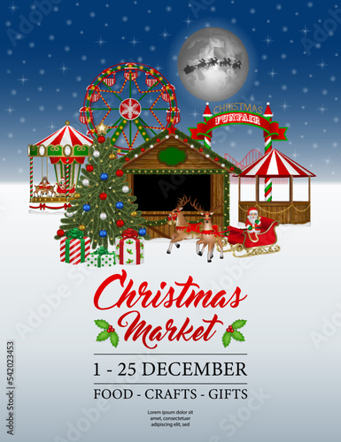 Christmas market poster with stalls and funfair