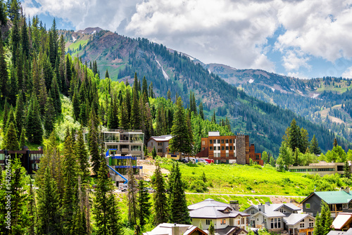 Alta at Albion Basin, Utah cityscape small ski resort town village in summer near Little Cottonwood Canyon by hotel lodge and houses