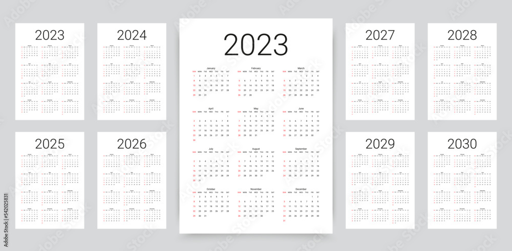 2023, 2024, 2025, 2026, 2027, 2028, 2029, 2030 years calendar. Week