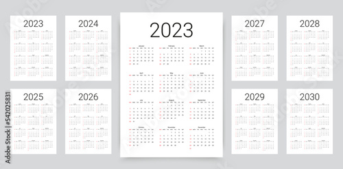 2023, 2024, 2025, 2026, 2027, 2028, 2029, 2030 years calendar. Week starts Sunday. Simple calender layout. Desk planner template with 12 months. Yearly diary. Organizer in English. Vector illustration