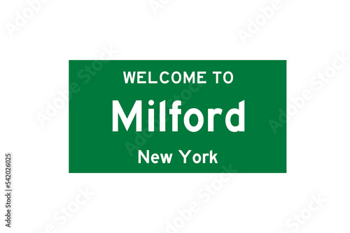 Milford, New York, USA. City limit sign on transparent background. 