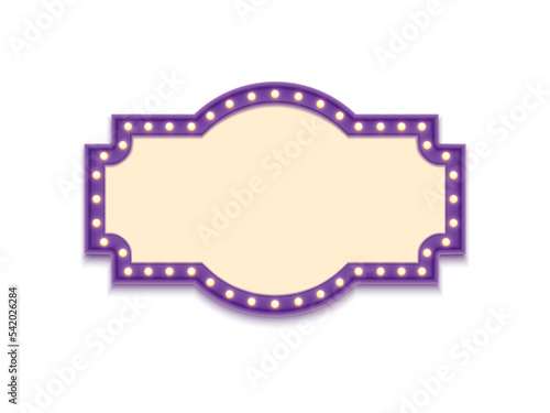 Antique shape marquee vintage 3d lightbox with glowing bulb. Purple color retro frame design vector illustration.