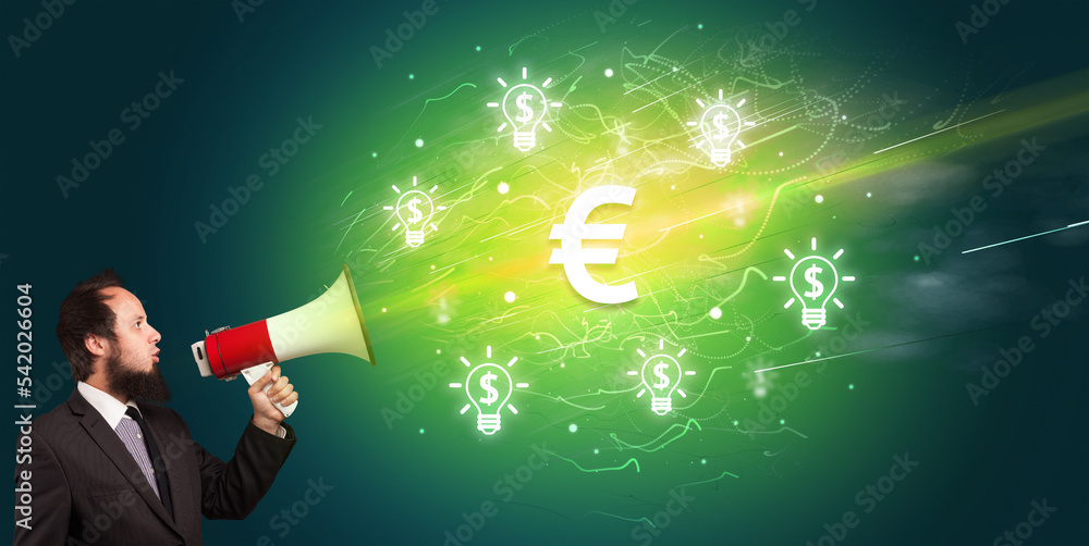 Young person with megaphone and currency icon Young person with megaphone and currency icon