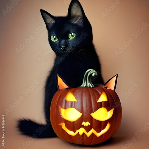 black cat near a cat-shaped halloween pumpkin Generative Ai