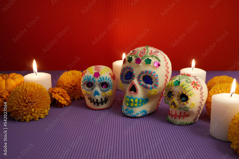 Dia de los muertos - Day of the dead Sugar skull with candles, and cempasuchil flowers altar decoration. Dia de los muertos - Day of the dead Sugar skull with candles, and cempasuchil flowers altar decoration.
