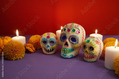 Dia de los muertos - Day of the dead Sugar skull with candles, and cempasuchil flowers altar decoration. © vetre