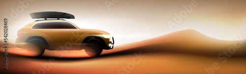 Yellow SUV bashing in desert on a panoramic sunny sandy background with cargo carrier box on the roof. Car traveling, safari off road adventure horizontal banner vector illustration.