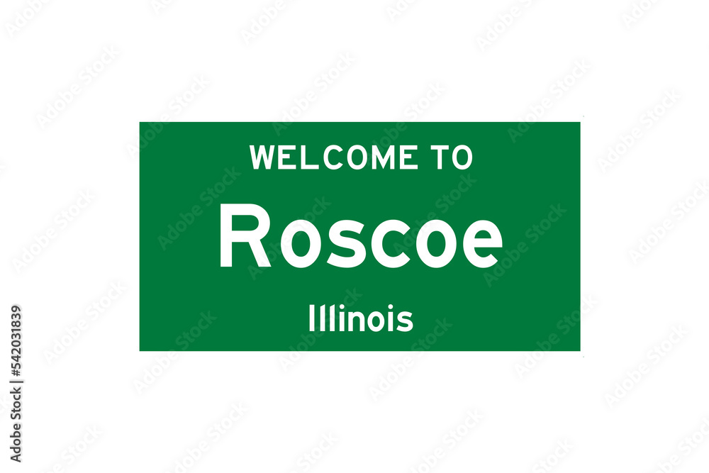 Roscoe, Illinois, USA. City limit sign on transparent background.