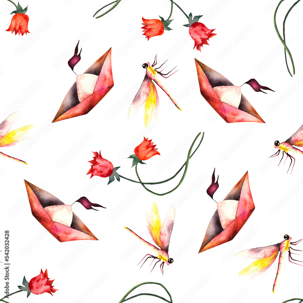 Obraz premium Pattern. Watercolor seamless pattern with spring flowers and ships