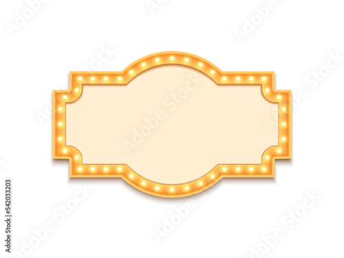 Antique shape marquee vintage 3d lightbox with glowing bulb. Yellow color retro frame design vector illustration.