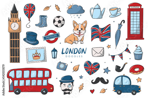 Set of London and Great Britain themed doodles, cartoon clipart. Good for planners, icons, stickers, scrapbooking, stationary, etc. EPS 10