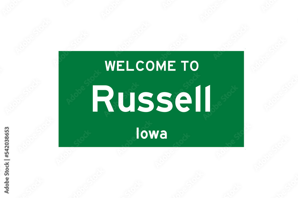 Russell, Iowa, USA. City limit sign on transparent background. Russell, Iowa, USA. City limit sign on transparent background.