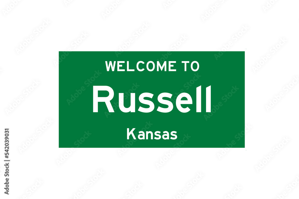 Russell, Kansas, USA. City limit sign on transparent background. Russell, Kansas, USA. City limit sign on transparent background.