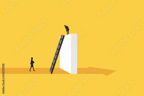 Man on top big wall and woman in bottom. Gender issues in business.