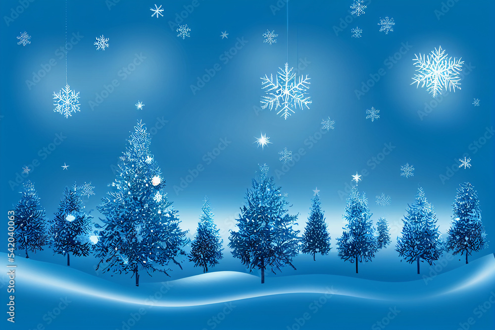 Winter Snowflake Pine Forest Background at Night, Landscape Image of Festive Mood at Christmas || Computer Generated