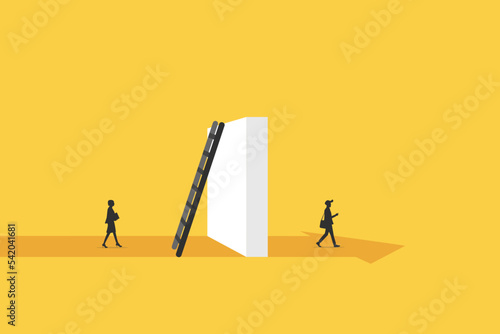 businessman versus business woman with big wall gap. Gender issues in business.
