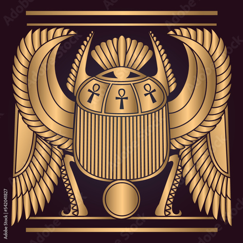 Egyptian Scarab bug with wings And ankh , Eye of Horus symbol.eps	

