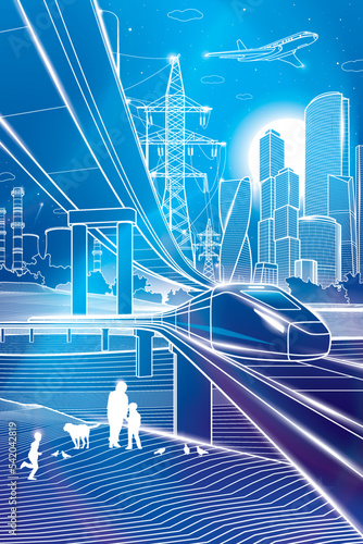 Outline city illustration. Neon glow town life image. Railroad bridge. Car overpass. Train rides. City Infrastructure and transport, urban scene. Vector design art. White lines on blue background