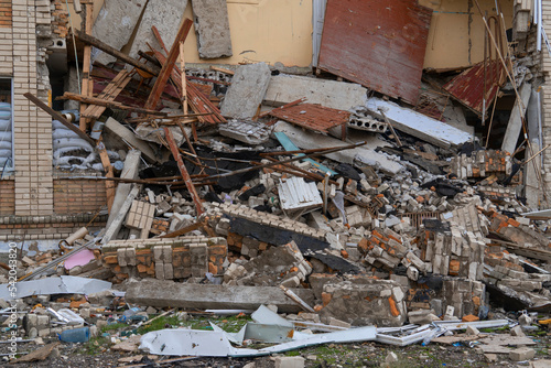 War in Ukraine. 2022 Russian invasion of Ukraine. House destroyed after shelling (close-up). Destruction of infrastructure. Terror of the civilian population. War crimes