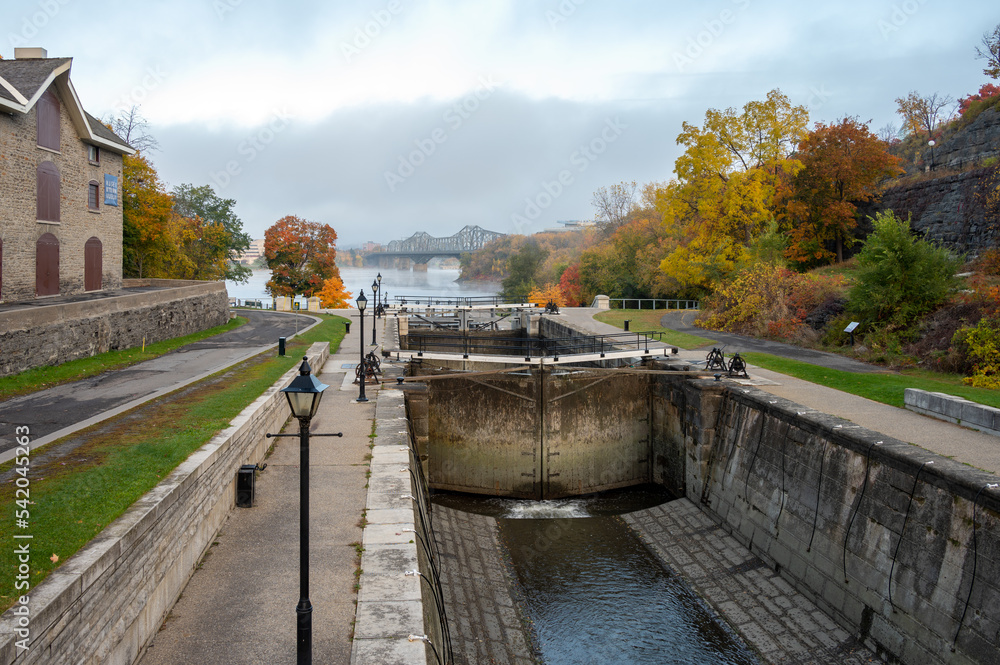 Ottawa, Ontario - October 19, 2022: View of the Rideau Canal close to Parliament Hill on a foggy morning.