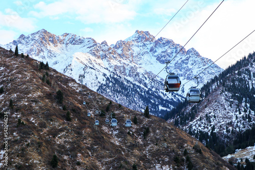 cable car cabins in the mountains. ski resort photo