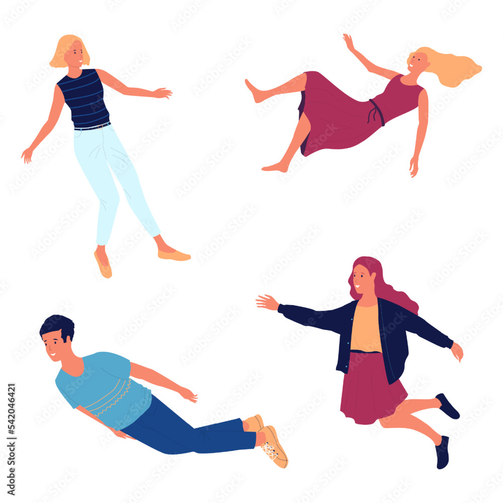 People flying. Men and women in zero gravity, cartoon flat style isolated on white characters, relaxation for mind expansion, meditation and calmness, happy persons vector illustration People flying. Men and women in zero gravity, cartoon flat style isolated on white characters, relaxation for mind expansion, meditation and calmness, happy persons vector illustration