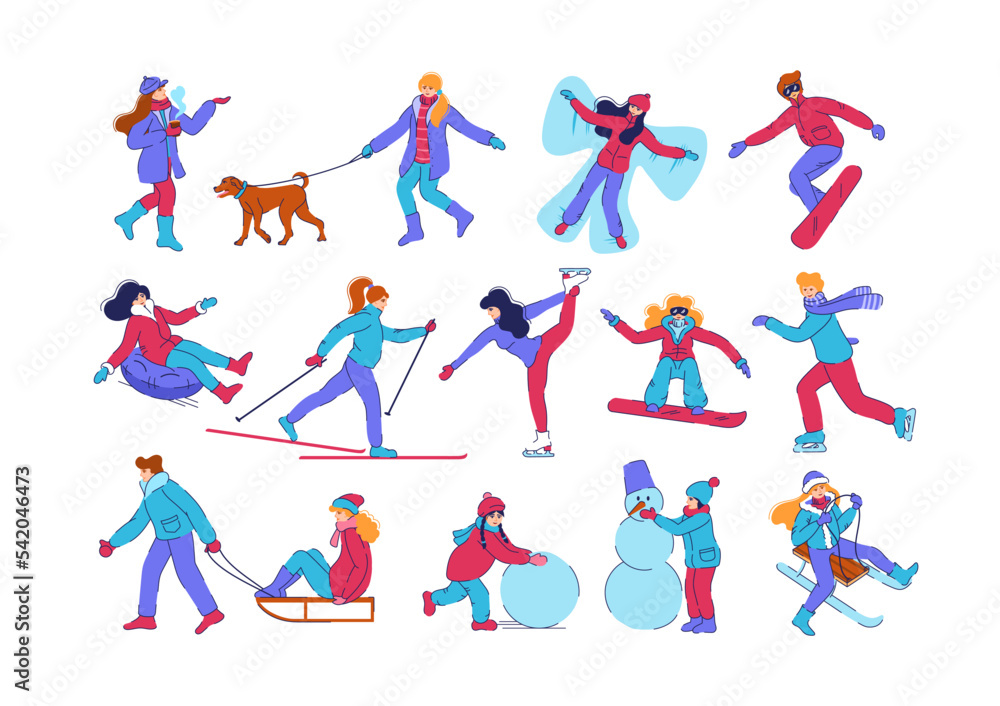 People winter activity. Snow skiers. Persons ride on sled or snowboard. Christmas snowman silhouette. Kids walk with dog. Outdoor sport. Children active leisure set. Vector illustration