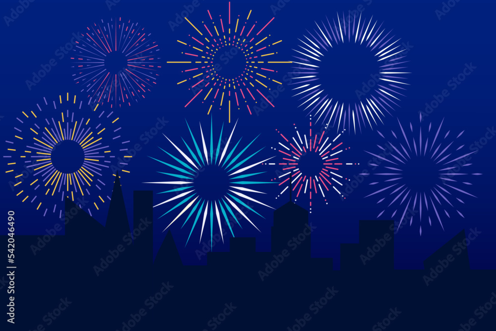 Firework. City night landscape with building silhouettes and light flashes in dark sky. Holiday celebration. Bright pyrotechnic explosions with sparks and flares. Vector background Firework. City night landscape with building silhouettes and light flashes in dark sky. Holiday celebration. Bright pyrotechnic explosions with sparks and flares. Vector background