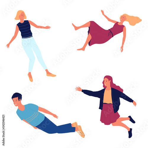 People flying. Men and women in zero gravity, cartoon flat style isolated on white characters, relaxation for mind expansion, meditation and calmness, happy persons vector illustration